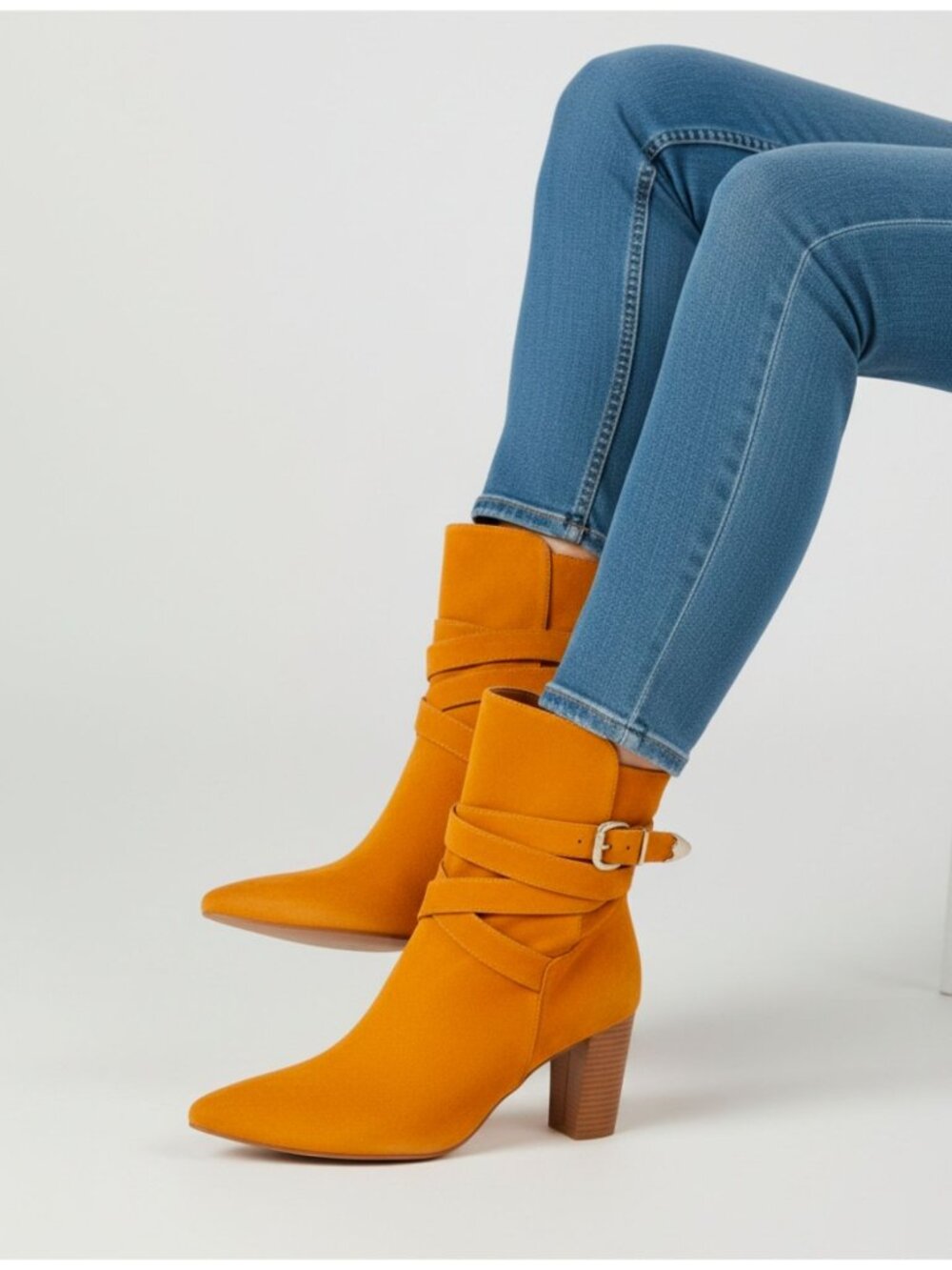 Mocha Faux Suede Ankle Boots With Block Heel & Buckle Strap